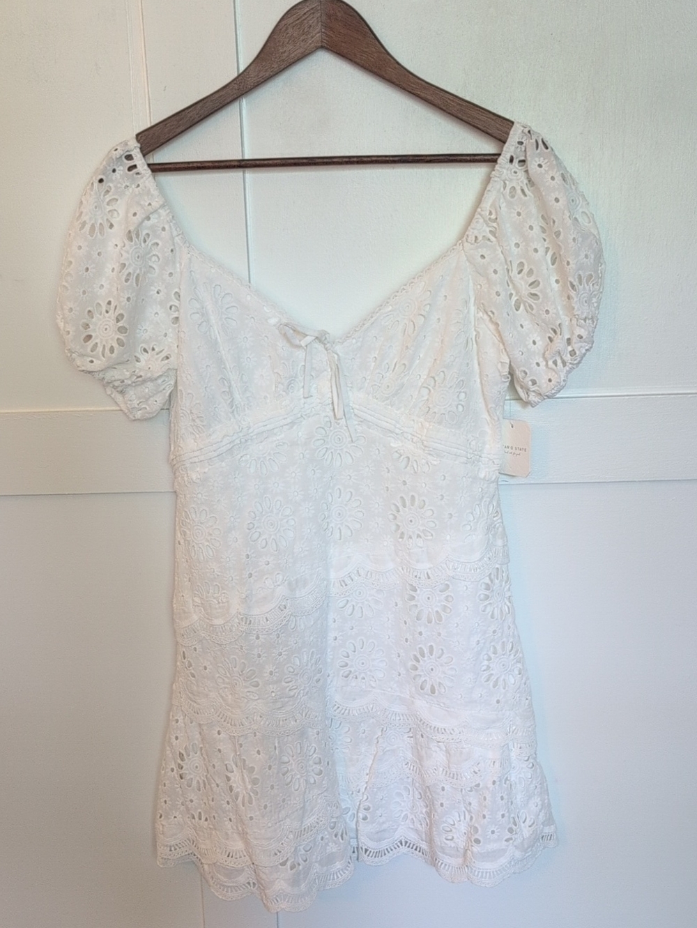 Altar'd State White Eyelet Puff-Sleeve Mini Dress with Tie Front